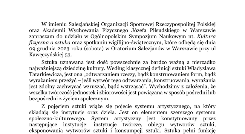 Ogólnopolskie Sympozjum Naukowe pt.: Kultura fizyczna a sztuka